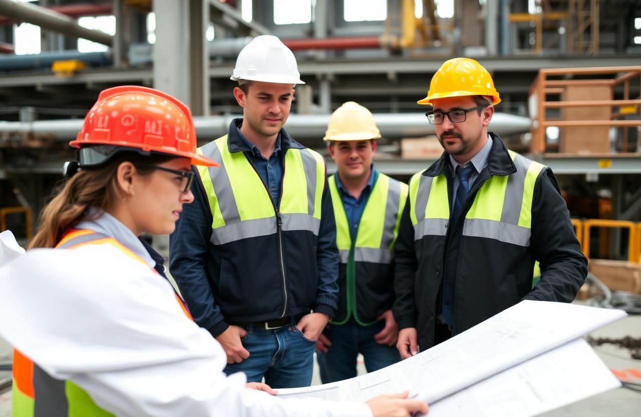 Construction engineers reviewing plans on industrial site