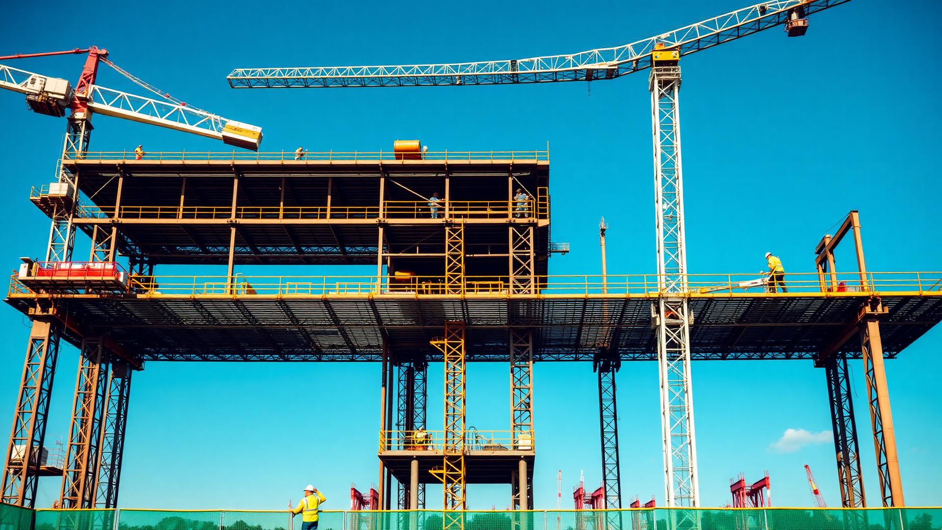 Commercial construction site with cranes and steel structure